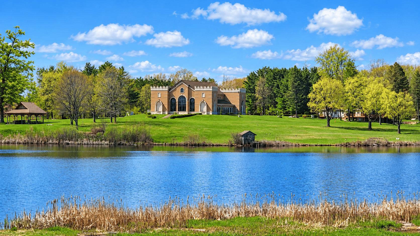 St. George Church fully visible across the lake at Our Lady of the Fields, surrounded by spring greenery.